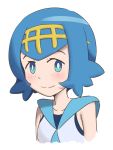  1girl blue_eyes blue_hair blush closed_mouth collarbone creatures_(company) female flat_chest game_freak hairband happy highres kusashige light_blush looking_at_viewer nintendo pokemon pokemon_(game) pokemon_sm shiny shiny_hair shirt short_hair simple_background sleeveless sleeveless_shirt smile solo suiren_(pokemon) upper_body white_background white_shirt yellow_hairband 