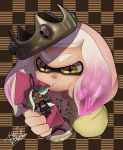  +_+ 1girl cellphone character_doll checkered checkered_background closed_mouth crown domino_mask frown gem highres hime_(splatoon) holding holding_phone iida_(splatoon) isamu-ki_(yuuki) long_sleeves mask medallion medium_hair mole mole_under_mouth multicolored_hair phone pink_hair signature smartphone solo splatoon splatoon_(series) splatoon_2 splatoon_2:_octo_expansion symbol-shaped_pupils tentacle_hair two-tone_hair white_hair yellow_eyes 