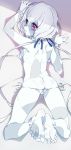  1girl absurdres ankle_scrunchie ass back bangs bare_legs barefoot bikini blue_skin blush breasts butt_crack cameltoe commentary_request dimples_of_venus erect_nipples eyebrows_visible_through_hair feet from_above hair_between_eyes hair_ribbon highres konno_junko long_hair looking_at_viewer looking_back looking_up low_twintails lowleg lowleg_bikini lying micro_bikini niko_(tama) on_stomach open_mouth partially_visible_vulva red_eyes ribbon scar scrunchie side-tie_bikini sideboob silver_hair simple_background small_breasts soles solo string_bikini swimsuit toes twintails untied untied_bikini very_long_hair white_background white_bikini wrist_scrunchie zombie_land_saga 