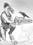  2018 3_fingers ? ambiguous_gender armor avian bird bird_feet black_eyes black_feathers crouching digital_media_(artwork) feathers feral greyscale halo_(series) hi_res holding_object holding_weapon invalid_tag kig-yar leaf monochrome pickled_gear ranged_weapon simple_background slit_pupils stare talons teeth toothed_beak tree video_games weapon 
