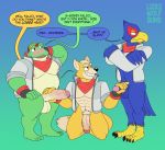  abs amphibian anthro avian balls bird blush bottomless canid canine clothed clothing comparing comparing_penis dialogue english_text falco_lombardi fox fox_mccloud frog humanoid_penis male male/male mammal nintendo nipples penis pubes slippy_toad star_fox text vein video_games wolfbuns 