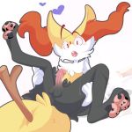  &lt;3 2019 anthro anus balls black_fur blush braixen fur hi_res holding_legs inner_ear_fluff lolzneo looking_at_viewer lying male nintendo nude on_back open_mouth penis pok&eacute;mon pok&eacute;mon_(species) red_eyes solo stick video_games white_fur yellow_fur 