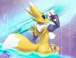  abstract_background arm_wear big_breasts black_sclera blue_eyes boogeestro breasts digimon digimon_(species) female hi_res nipples puffy_nipples renamon sitting solo yin_yang 