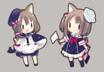  2girls :d animal_ears bangs bare_arms beret blue_dress blue_headwear blue_legwear blue_neckwear blue_sailor_collar blush brown_background brown_hair carrying_under_arm cat_ears cat_girl cat_tail chibi closed_mouth commentary_request dress flag green_eyes hair_between_eyes hat holding holding_flag kneehighs long_hair multiple_girls neckerchief one_side_up open_mouth original pink_neckwear red_eyes sailor_collar sailor_dress sailor_hat simple_background smile socks stuffed_whale tail tilted_headwear white_dress white_flag white_headwear white_sailor_collar yuzuyomogi 