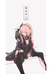  1girl absurdres bangs black_jacket black_legwear breasts character_name cleavage damaged dog_tags eyebrows_visible_through_hair girls_frontline gloves hair_between_eyes headgear highres hood hood_down hooded_jacket jacket long_hair looking_at_viewer m4_sopmod_ii_(girls_frontline) mouth_hold multicolored_hair no_bra partially_unzipped pink_hair prosthesis prosthetic_arm red_eyes red_hair reroi scarf sitting solo streaked_hair thighhighs torn_clothes 