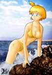  artist_request bad_anatomy beach bikini blue_eyes breasts day kasumi_(pokemon) medium_breasts orange_hair pokemon short_hair side_ponytail solo swimsuit yellow_bikini 