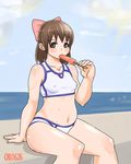  aoi_minamo bad_id bad_pixiv_id bikini blush bow breasts brown_eyes brown_hair covered_nipples day food hair_ribbon monmonism pink_bow plump popsicle real_drive ribbon sitting small_breasts solo sports_bikini sweat swimsuit 