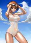  bang-you breasts brown_eyes brown_hair cameltoe covered_nipples goggles kashiwagi_azusa kizuato large_breasts muscle one-piece_swimsuit see-through shiny shiny_skin short_hair solo standing swimsuit tan wet 