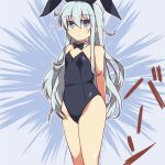  1girl alternate_costume animal_ears arms_behind_back bare_legs bare_shoulders black_leotard blue_background blue_eyes blush bow bowtie bunnysuit closed_mouth covered_navel cowboy_shot detached_collar eyebrows_visible_through_hair fake_animal_ears flat_chest hair_between_eyes hibiki_(kantai_collection) kantai_collection leotard light_smile long_hair looking_at_viewer silver_hair simple_background solo standing strapless text_focus wahiko_(black_bastard) wrist_cuffs 
