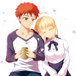  1boy 1girl ahoge artoria_pendragon_(all) black_ribbon black_skirt blonde_hair blue_pants blue_ribbon brown_eyes cherry_blossoms cimeri collar collared_shirt couple cup emiya_shirou eyebrows_visible_through_hair eyes_closed fate/stay_night fate_(series) grey_sleeves hair_ribbon hands_together high-waist_skirt holding holding_cup leaning_to_the_side long_sleeves neck_ribbon orange_hair pants ribbon saber shirt short_hair simple_background sitting skirt smile spiked_hair white_background white_shirt wing_collar 