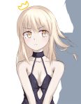  1boy 1girl artoria_pendragon_(all) black_shirt blonde_hair breasts choker cleavage collarbone cutout eyebrows_visible_through_hair groin hair_between_eyes highres long_hair looking_to_the_side print_shirt raidriar saber_alter shirt simple_background sleeveless sleeveless_shirt small_breasts tying_hair white_background white_skin yellow_eyes younger 