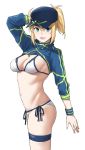  1girl artoria_pendragon_(all) baseball_cap bikini blonde_hair blue_eyes blue_headwear breasts cowboy_shot fate/grand_order fate_(series) hat long_hair looking_at_viewer medium_breasts michihasu mysterious_heroine_xx_(foreigner) ponytail shrug_(clothing) side-tie_bikini simple_background solo standing swimsuit white_background white_bikini wristband 