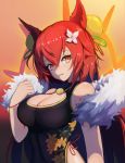  1girl animal_ear_fluff animal_ears bare_shoulders bell black_dress breasts center_opening cleavage cleavage_cutout dress eyebrows_visible_through_hair flower fox_ears fox_girl fur fur_trim hair_flower hair_ornament halo highres japanese_clothes kuroha_(rockluo213) large_breasts long_hair looking_at_viewer looking_to_the_side open_mouth original red_eyes red_hair sleeveless solo tamamo_no_mae traditional_clothes 