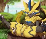  2019 anus butt claws clitoris detailed_background digital_media_(artwork) female fur hi_res hidden markings nintendo nude plump_labia pok&eacute;mon pok&eacute;mon_(species) presenting pussy solo squeeshy video_games yellow_fur zeraora 