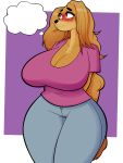  absurd_res anthro big_breasts blush breasts canid canine canis cleavage clothed clothing domestic_dog female hands_behind_back hi_res jeans mabel_(cherrikissu) mammal mature_female paladinpizza pants portrait saluki shirt simple_background solo t-shirt thick_thighs thought_bubble three-quarter_portrait voluptuous wide_hips 