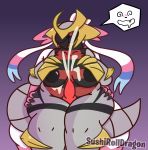  2019 animal_genitalia animal_penis anthro big_breasts blush breasts canid canine canine_penis claws cum cum_on_breasts cumshot digital_media_(artwork) dragon duo eeveelution ejaculation erection faceless_male female front_view fur giratina giratina_(altered_form) hand_on_breast hi_res inverted_nipples legendary_pok&eacute;mon male male/female mammal nintendo nipples nude open_mouth orgasm overweight penis pictographics pok&eacute;mon pok&eacute;mon_(species) red_eyes ribbons sex simple_background sushirolldragon sylveon thick_thighs thigh_sex video_games voluptuous white_fur wide_hips 