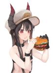  1girl bangosu bangs bare_shoulders beef beltbra black_gloves black_hair breasts buckle cheese collar copyright_request eating food food_on_face gloves hamburger hat highres holding holding_food horns long_hair military_hat onion red_eyes salad sidelocks simple_background single_glove small_breasts solo sweatband tomato underboob upper_body virtual_youtuber white_background white_headwear 