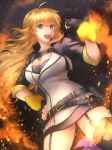  1girl ahoge blonde_hair breasts cleavage fire flame hand_on_hip highres large_breasts long_hair rwby violet_eyes yang_xiao_long 