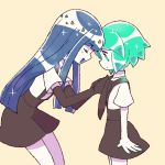  2others androgynous blue_hair child chiyoko_(oman1229) crystal_hair elbow_gloves eyes_closed gem_uniform_(houseki_no_kuni) gloves green_eyes green_hair hime_cut houseki_no_kuni lapis_lazuli_(houseki_no_kuni) long_hair multiple_others necktie open_mouth phosphophyllite short_hair smile suspenders tying_tie younger 