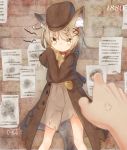  1880 1girl :&lt; anger_vein animal_ear_fluff animal_ears baguette bangs blurry blurry_foreground blush bread brick_wall brown_coat brown_dress brown_headwear cabbie_hat closed_mouth coat commentary_request coreytaiyo dated depth_of_field dress eyebrows_visible_through_hair eyes_visible_through_hair food hair_ornament hair_over_one_eye hat highres long_sleeves looking_at_viewer object_hug open_clothes open_coat original out_of_frame signature sleeves_past_fingers sleeves_past_wrists solo_focus tail tears torn_clothes torn_dress wolf_ears wolf_girl wolf_tail x_hair_ornament yellow_eyes 