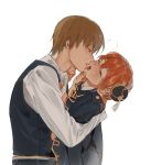  1boy 1girl blush brown_hair bun_cover couple eyes_closed gintama hair_bun hand_on_another&#039;s_chin hands_on_another&#039;s_face heavy_breathing hetero jacket_on_shoulders kagura_(gintama) loli_bushi looking_at_another okita_sougo open_mouth orange_hair red_eyes white_background 