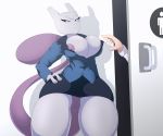  2019 anthro anthrofied big_breasts breasts clothed clothing digital_media_(artwork) female hi_res human human_on_anthro interspecies legendary_pok&eacute;mon mammal mewtwo nintendo nipples no_underwear pok&eacute;mon pok&eacute;mon_(species) pok&eacute;philia pussy simple_background standing_tough thick_thighs upskirt video_games wide_hips 