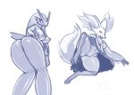  3_toes avian beak bent_over big_tail bird blaziken blue_and_white breasts butt canid cheek_tuft chelodoy clothing clothing_lift convenient_censorship delphox ear_tuft erect_nipples female fluffy fluffy_tail galliform gallus_(genus) greyscale half-closed_eyes hi_res long_tail looking_back mammal monochrome nintendo nipples phasianid pok&eacute;mon pok&eacute;mon_(species) poultry presenting presenting_hindquarters presenting_pussy pseudo_clothing pussy short_tail simple_background skirt skirt_lift solo spread_legs spreading thick_thighs toes tuft upskirt video_games white_background wide_hips 