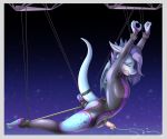  2019 anthro balls bdsm blue_eyes blue_hair bondage bound clothed clothing cum digital_media_(artwork) dragon foreskin hair hi_res horn male membranous_wings penis rubber skipsy skipsy_dragon_(character) solo wings 