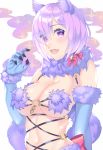  1girl :d akapug621 animal_ears arm_behind_back black_nails blue_gloves blush bow breasts choker cleavage dangerous_beast elbow_gloves eyebrows_visible_through_hair fate/grand_order fate_(series) fur-trimmed_gloves fur_trim gloves hair_between_eyes large_breasts looking_at_viewer mash_kyrielight nail_polish navel open_mouth pink_hair purple_eyes red_bow revealing_clothes shiny shiny_hair short_hair sideboob smile solo underboob upper_body white_background wolf_ears 