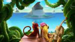  16:9 barefoot blonde_hair bottomless brown_fur clothed clothing diddy_kong dixie_kong donkey_kong_(series) duo edefexarts female fur hair hat hi_res long_hair male mammal monkey musical_instrument nintendo ponytail primate video_games water 
