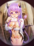  1girl bangs bat_wings blush breasts business_card cleavage collarbone commentary_request demon_girl demon_tail eyebrows_visible_through_hair frilled_sleeves frills horns kibanda_gohan large_breasts locker long_hair long_sleeves looking_at_viewer navel open_mouth original pointy_ears pubic_tattoo purple_eyes purple_hair revealing_clothes solo standing succubus tail tattoo wings 