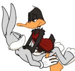  anatid anseriform anthro avian bird bugs_bunny clothed clothing crossdressing daffy_duck dress duck duo eye_contact feathers fur gloves hand_on_chest kneeling lagomorph looking_at_another looney_tunes lying male male/male mammal on_back rabbit sweat warner_brothers whiskers zehn 