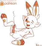  2019 alpha_channel anthro balls blush cum cum_on_self cumshot ejaculation erection feet fur hi_res lagomorph looking_at_viewer lying male mammal masturbation navel neko-me nintendo nude on_back one_eye_closed open_mouth orange_eyes orgasm patreon pawpads penile_masturbation penis pok&eacute;mon pok&eacute;mon_(species) scorbunny simple_background solo spreading text tongue tongue_out transparent_background video_games 