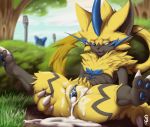  2019 anus butt claws clitoris cum cum_in_pussy cum_inside cum_leaking detailed_background digital_media_(artwork) excessive_cum female fur gaping gaping_pussy hi_res hidden looking_pleasured lucario markings nintendo nude open_mouth plump_labia pok&eacute;mon pok&eacute;mon_(species) presenting public pussy solo solo_focus squeeshy tongue vaginal video_games yellow_fur zeraora 