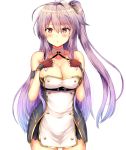  1girl :o ahoge azur_lane bangs bare_shoulders blush breasts buranketo_2 cleavage collarbone cowboy_shot dress eyebrows_visible_through_hair fingerless_gloves gloves grenville_(azur_lane) hair_between_eyes hair_ornament hands_up highres large_breasts long_hair looking_at_viewer multicolored_hair open_mouth purple_hair red_eyes short_dress side_ponytail sidelocks simple_background sleeveless sleeveless_dress solo underbust white_background 