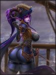  2019 absurd_res armor big_breasts blindfold blizzard_entertainment breasts clothed clothing demon_hunter digital_media_(artwork) elf female glowing glowing_eyes hair hat hi_res horn humanoid looking_at_viewer melee_weapon night_elf nilania not_furry pointy_ears purple_eyes purple_hair purple_skin smile solo standing sword tattoo vempire video_games warcraft weapon 