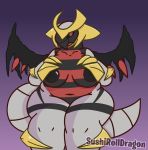  2019 anthro big_breasts blush breasts claws digital_media_(artwork) dragon female front_view giratina giratina_(altered_form) hand_on_breast hi_res inverted_nipples legendary_pok&eacute;mon nintendo nipples nude open_mouth overweight pok&eacute;mon pok&eacute;mon_(species) red_eyes simple_background solo sushirolldragon thick_thighs video_games voluptuous wide_hips wings 