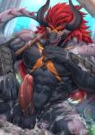 2019 abs anthro balls blush bubble claws demon_lord_dragon_batzz dragon erection front_view future_card_buddyfight hair hi_res horn humanoid_penis looking_at_viewer male muscular muscular_male navel nude pecs penis precum rabbity red_eyes red_hair sitting soap solo teeth wet 