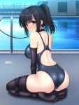  ass back_cutout bdsm black_hair blue_sky blush bondage bound breasts brown_eyes collar competition_swimsuit elbow_gloves erect_nipples full_body gloves highres large_breasts leash looking_at_viewer medium_hair no_shoes one-piece_swimsuit original outdoors ponytail pool reflection restrained sakurayashiki_nisei seiza sidelocks sitting sky sweat swimsuit thighhighs tied_up wet 