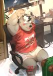  2019 absurd_res anthro belly canid canine canis clothing cute_fangs detailed_background domestic_dog eyes_closed hi_res humanoid_hands jmeo1230 male mammal shirt shorts sitting slightly_chubby solo 