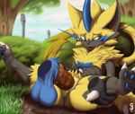  2019 anus balls butt canid canine claws clitoris detailed_background digital_media_(artwork) disembodied_hand disembodied_penis duo female fur hi_res hidden knot looking_pleasured lucario male male/female mammal markings nintendo nude open_mouth penetration penis plump_labia pok&eacute;mon pok&eacute;mon_(species) presenting pussy pussy_juice sex solo_focus squeeshy tongue tongue_out vaginal video_games yellow_fur zeraora 