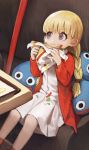  1girl bangs blonde_hair blue_eyes braid dragon_quest dragon_quest_xi earrings eating food hamburger jewelry jun_(seojh1029) long_hair open_mouth slime_(dragon_quest) solo twin_braids veronica_(dq11) 