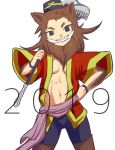  1girl 2019 animal_ears beard bearded_girl bike_shorts black_eyes boar_ears breasts brown_hair chinese_zodiac facial_hair female fur hat highres hoe monster_girl navel original simple_background solo teeth toru_(akira) tusks white_background 