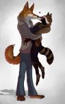  2019 anthro asher_bowman blush brown_fur canid canine canis clothed clothing coyote digital_media_(artwork) fur guardians_of_the_galaxy hi_res kissing male male/male mammal marvel procyonid raccoon rocket_raccoon tytoz_(artist) 