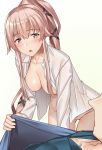  1boy 1girl areolae blush green_eyes hair_flaps hair_ornament hair_ribbon highres kantai_collection long_hair naked_shirt nipples open_clothes open_mouth open_shirt pallad pink_hair ponytail remodel_(kantai_collection) ribbon shirt side_ponytail very_long_hair waking_up white_shirt yura_(kantai_collection) 