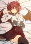  1girl bangs bed_sheet black_legwear blouse blush closed_mouth collared_shirt dragon_girl dragon_horns dragon_tail dragon_wings eyebrows_visible_through_hair grea_(shingeki_no_bahamut) hand_on_own_chest hera_(hara0742) highres horns knee_up long_sleeves looking_at_viewer lying on_back on_bed plaid plaid_skirt pleated_skirt pointy_ears red_eyes red_hair red_skirt red_wings shirt short_hair skirt smile solo sweatdrop tail thighs white_shirt wings 