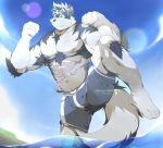  2019 abs anthro canid canine canis clothing fur headband horkeukamui kemono male mammal multicolored_fur muscular muscular_male nipples pecs skyver_chase summer swimsuit tokyo_afterschool_summoners video_games white_fur wolf 