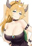  1girl bangs bare_shoulders black_collar black_dress blonde_hair bowsette bracelet breasts cleavage collar crown dress eyebrows_visible_through_hair eyes_visible_through_hair hair_between_eyes half-closed_eyes hands_on_hips highres horns huge_breasts jewelry looking_at_viewer mario_(series) new_super_mario_bros._u_deluxe nintendo ponytail sidelocks sky_(freedom) smile solo spiked_armlet spiked_bracelet spiked_collar spiked_shell spikes strapless strapless_dress super_crown turtle_shell upper_body 