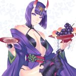 1girl akapug621 bangs blunt_bangs collarbone cup fangs fate/grand_order fate_(series) flat_chest food fruit grapes hair_ornament holding horns japanese_clothes kimono looking_at_viewer obi open_clothes open_kimono purple_eyes purple_hair purple_kimono sakazuki sash shiny shiny_hair shiny_skin short_hair shuten_douji_(fate/grand_order) sitting solo thighhighs white_background 