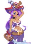  2019 alternate_costume belt blue_eyes breasts capcom clothing dark_skin ear_piercing ear_ring female genie gun hair handgun humanoid kajinman long_hair melee_weapon navel not_furry one_eye_closed piercing pointy_ears ponytail purple_hair ranged_weapon risky_boots shantae shantae_(series) simple_background smile solo sword url video_games wayforward weapon wink 